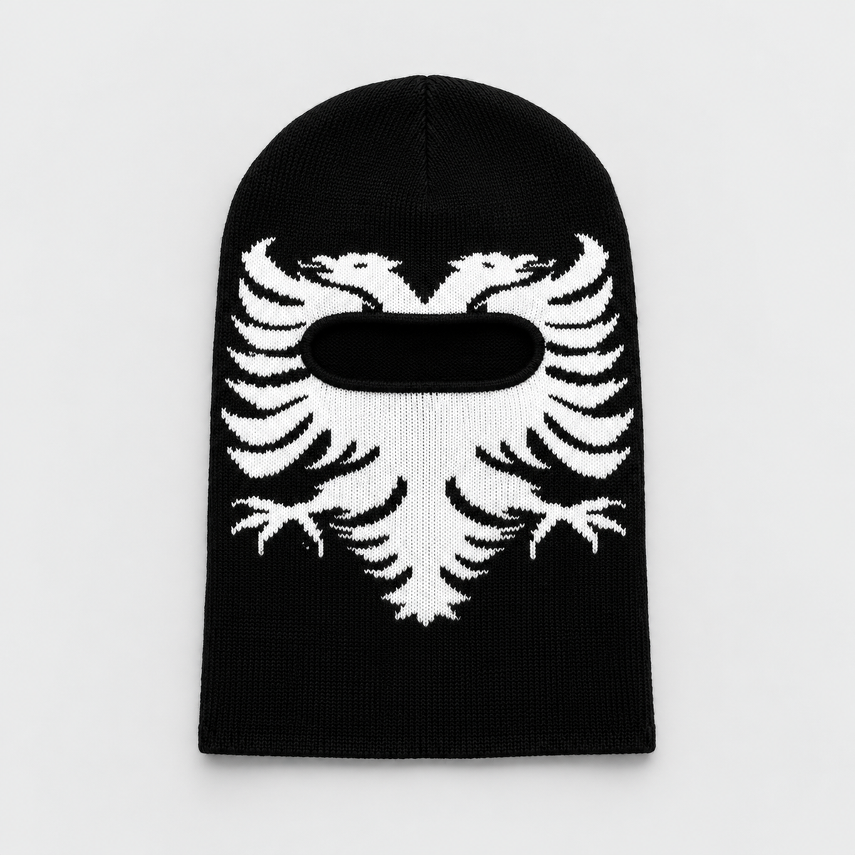 Black Shqiponja balaclava with white Albanian double-headed eagle — front view
